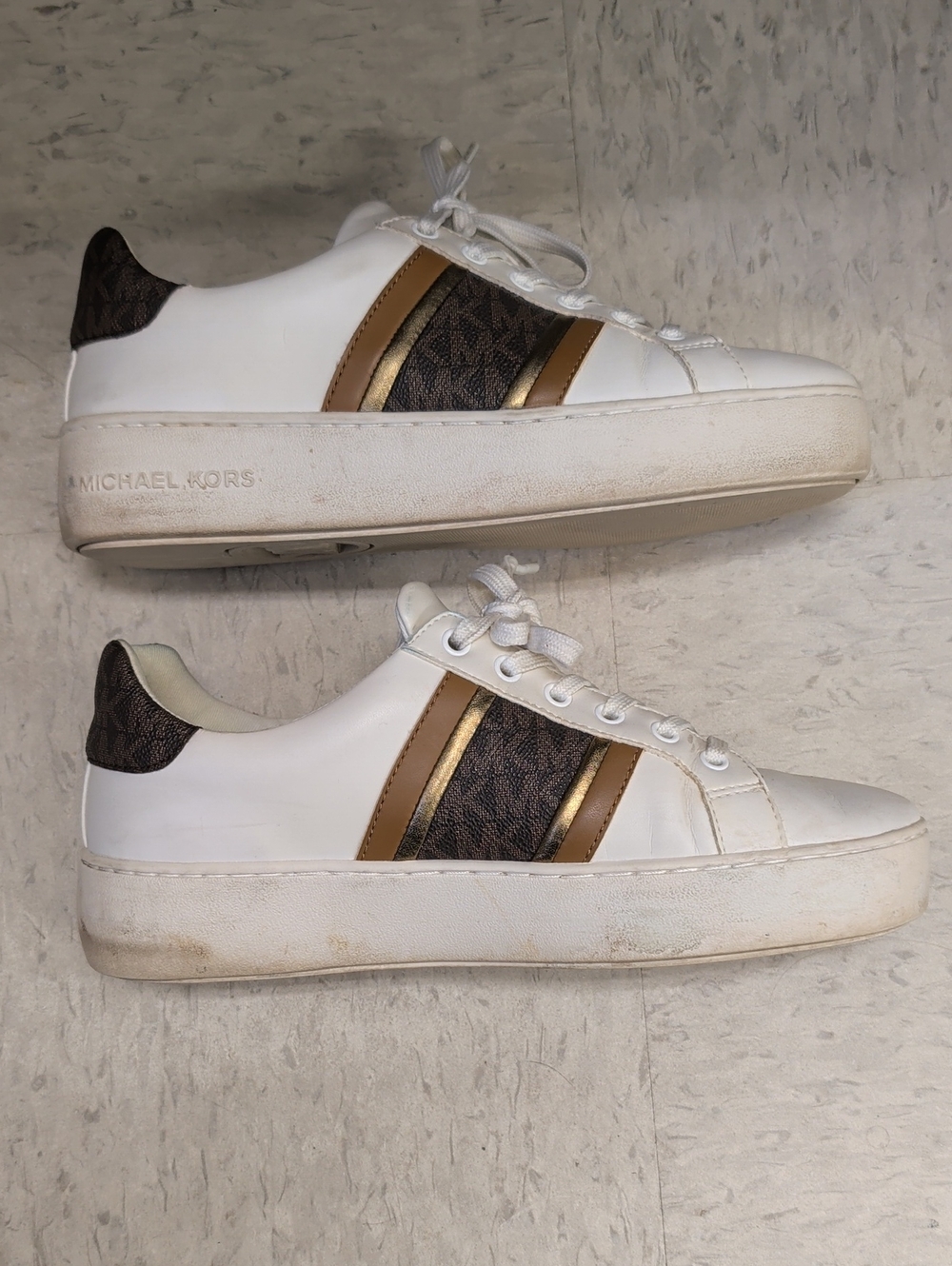 Michael Kors White Leather Sneakers with Brown Monogram & Gold Trim